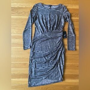 Adrianna Papell 3/4 Sleeve Ruched Metallic Lace Print Dress